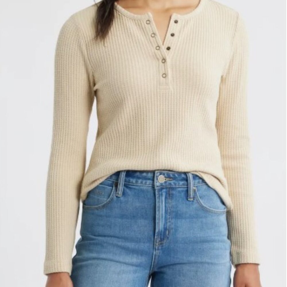 NEW City Blues Waffle Knit Long Sleeve Henley Top Beige
